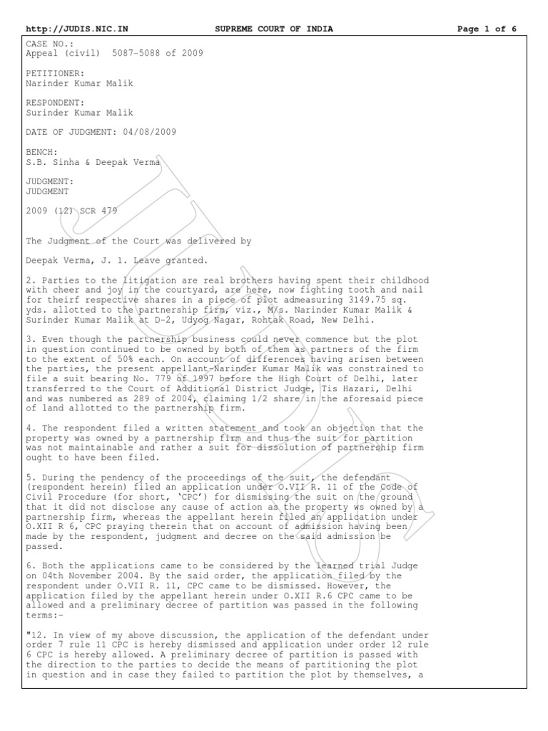 Partnership Property Partition Suit Not Maintainable 2009 (12) SCR 479