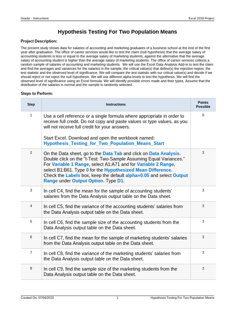Hypothesis Testing for Two Population Means_Instructions | PDF ...