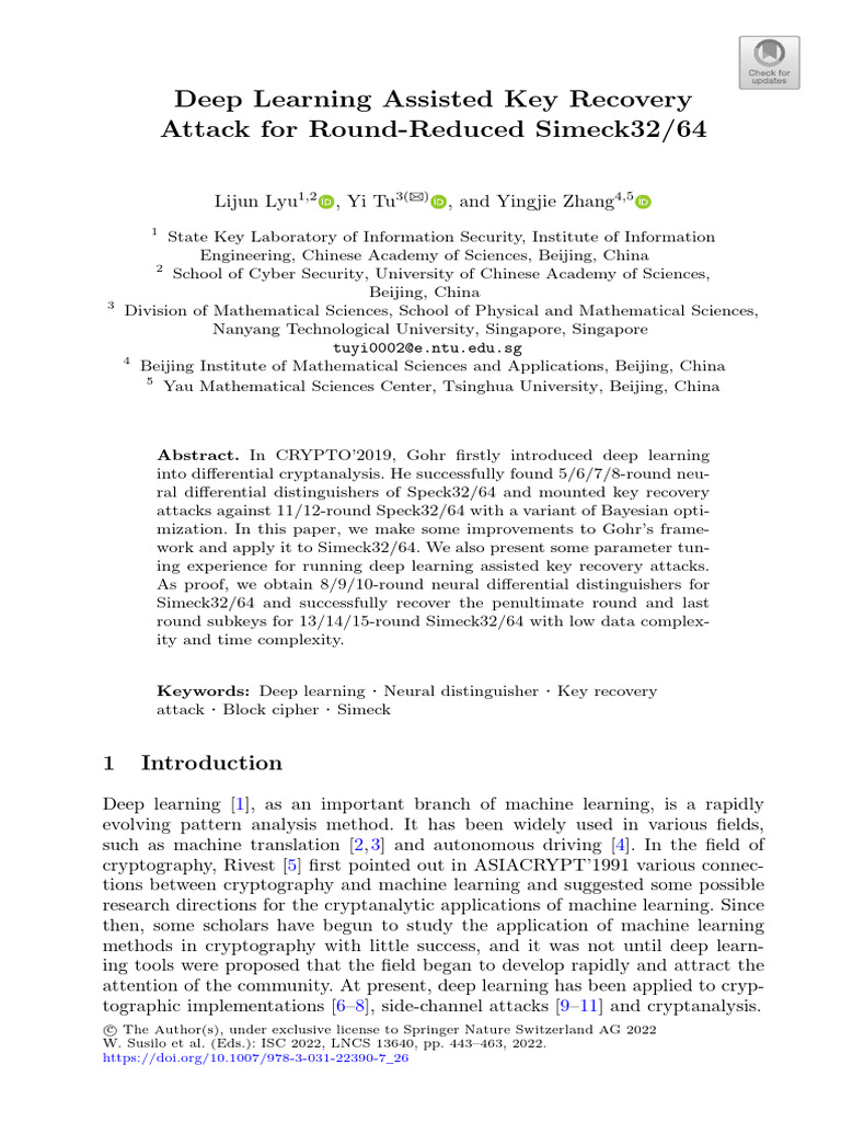 Deep Learning Key Recovery for Simeck32/64 | PDF | Cryptography ...