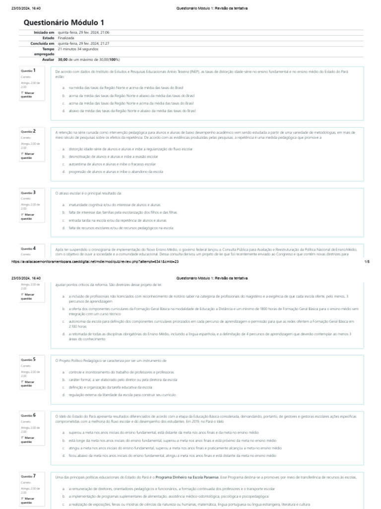 Revisão do Questionário Módulo 1 | PDF | Pedagogia | Escolas