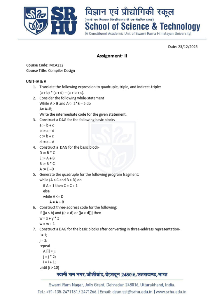 Compiler Design Intermediate Code Exercises | PDF