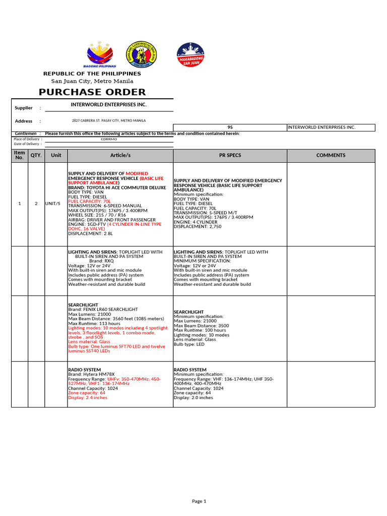 Purchase Order for Emergency Equipment | PDF