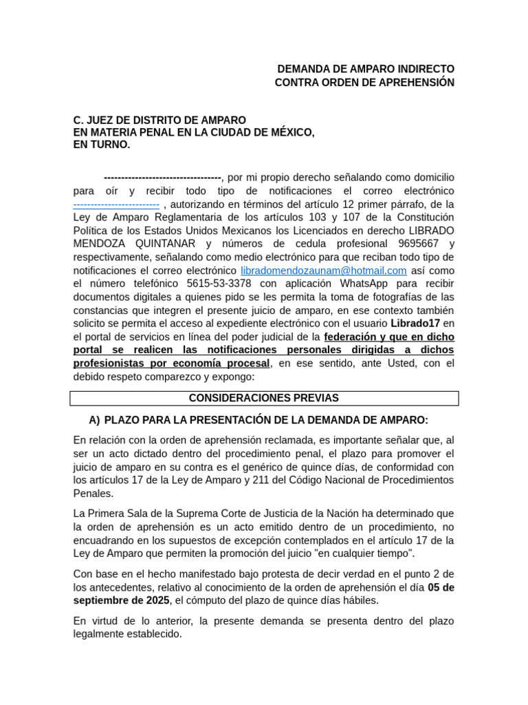 Amparo Indirecto contra Orden de Aprehensión | PDF | Debido al proceso ...