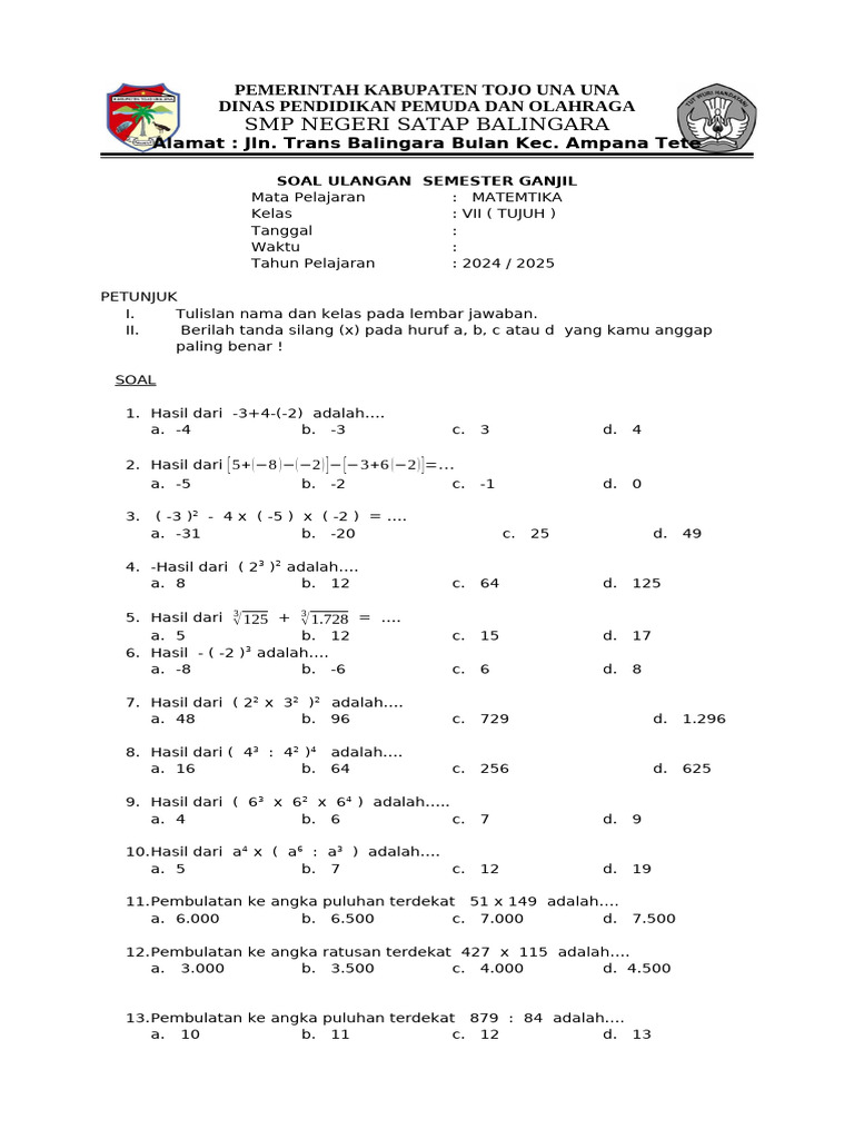 Soal Ulangan Matematika Kelas VII & IX | PDF