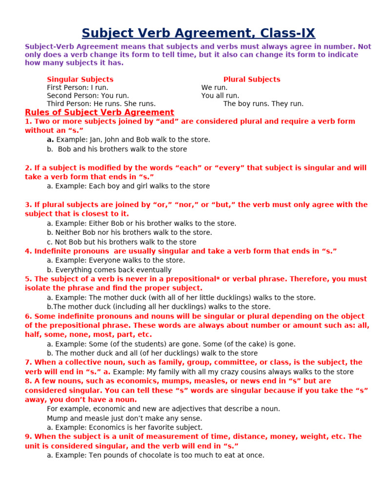 Subject Verb Agreement Class X | PDF | Verb | Grammatical Number