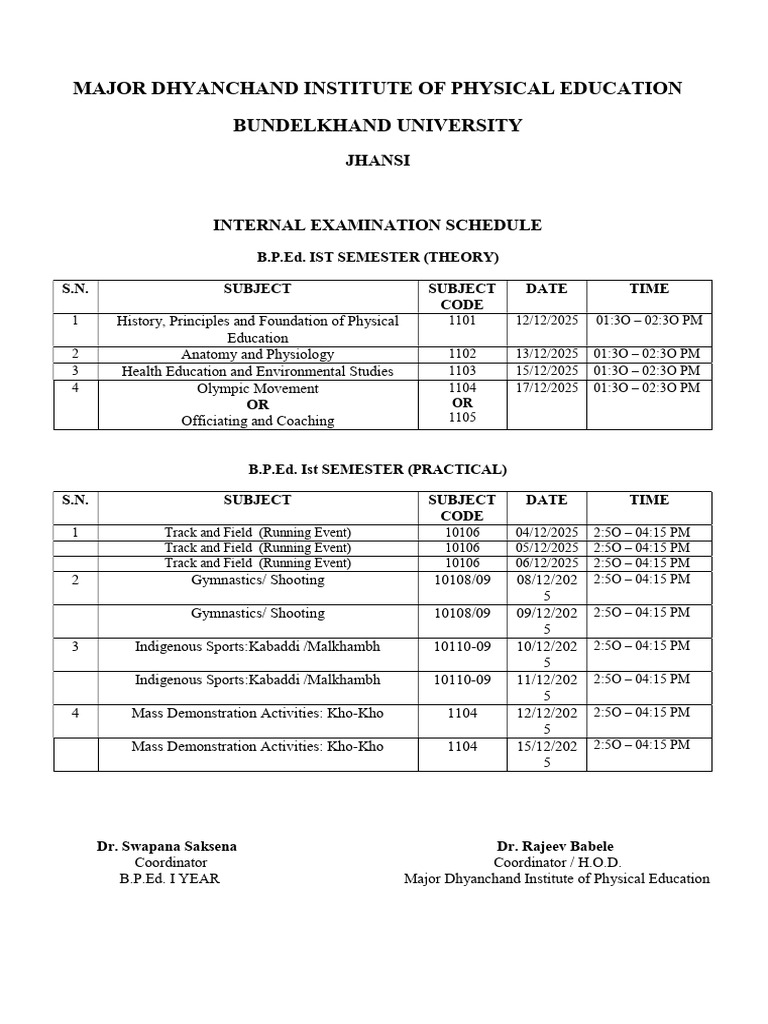 B.P.Ed. 1st Semester Exam Schedule 2025 | PDF