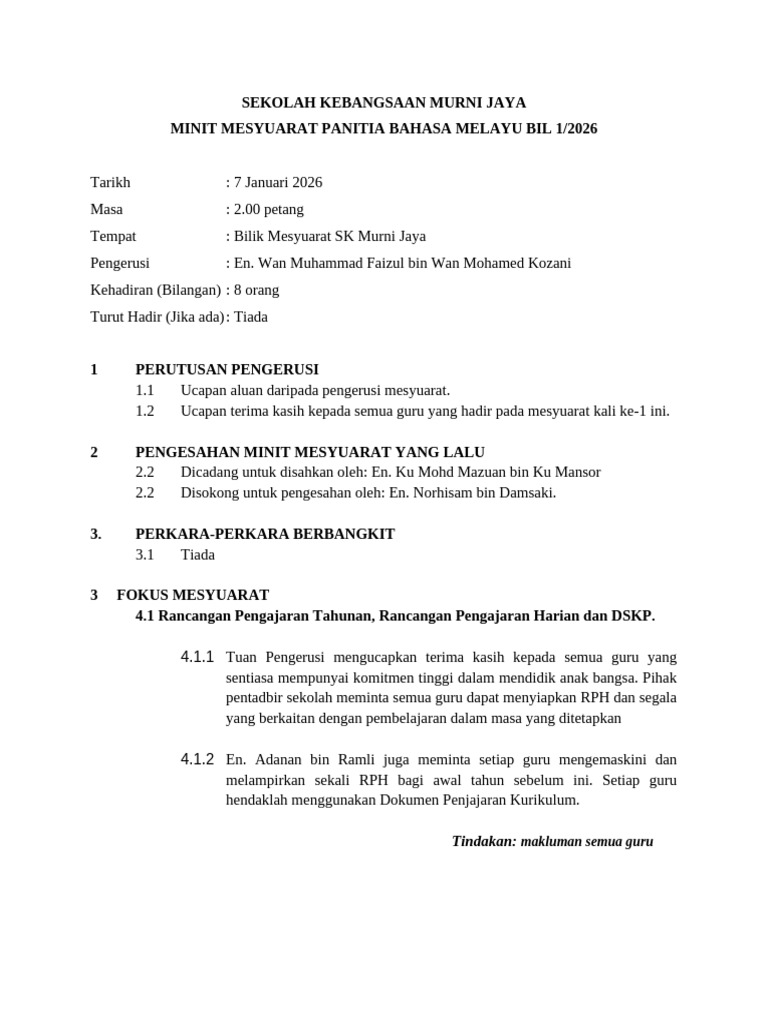 Format Minit Mesyuaratl Bil.1 | PDF