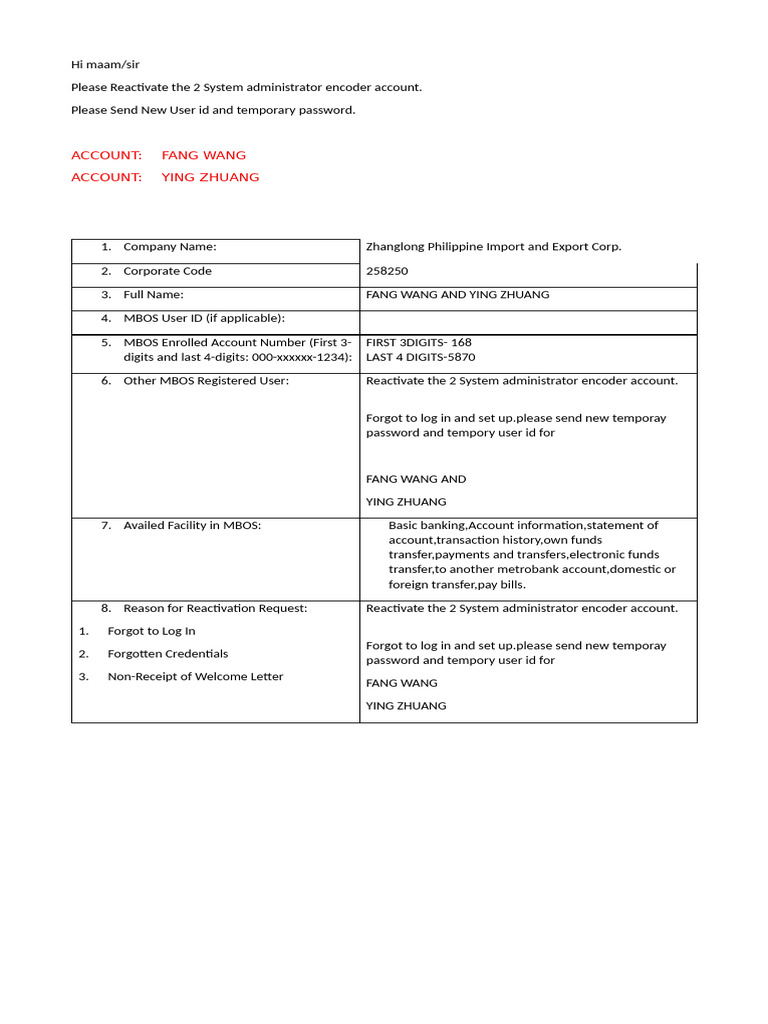 Reactivate Admin Accounts for Fang Wang & Ying Zhuang | PDF