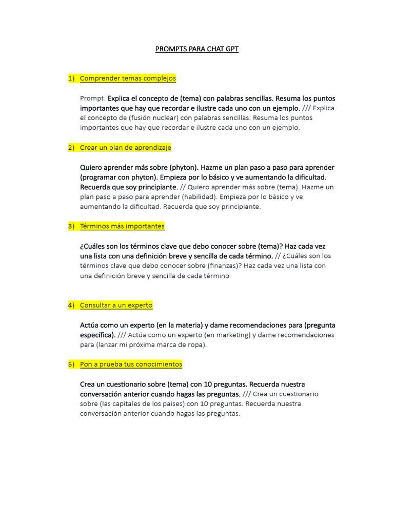 Prompts Efectivos para Chat GPT | PDF | Cognición | Aprendizaje