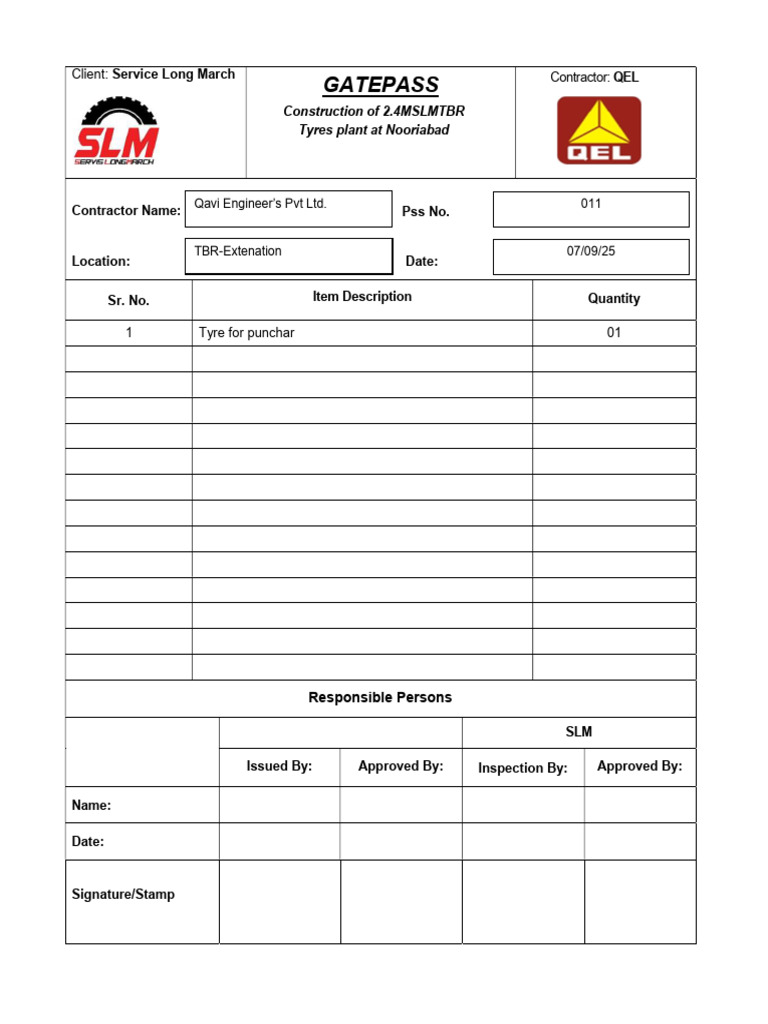 Gatepass for Tyre Plant Construction | PDF