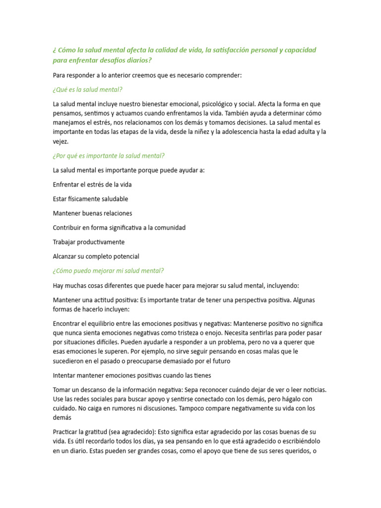 Impacto de la Salud Mental en la Vida | PDF | Salud mental | Cuidado de ...