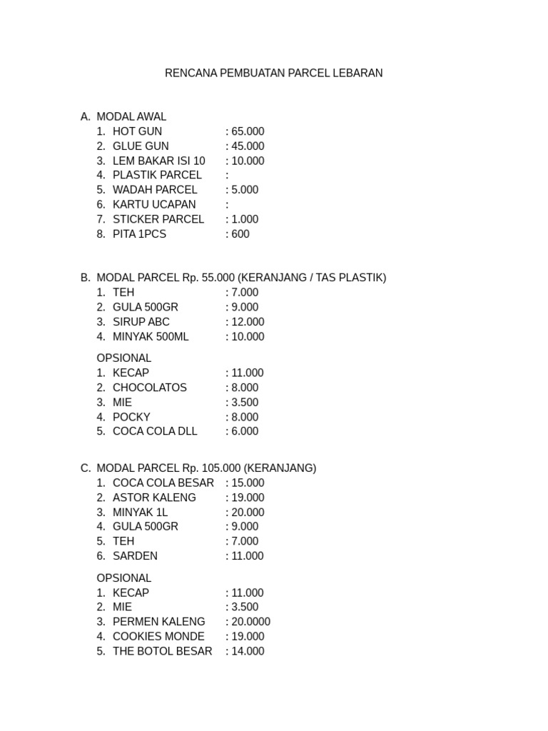 Rencana Pembuatan Parcel Lebaran | PDF