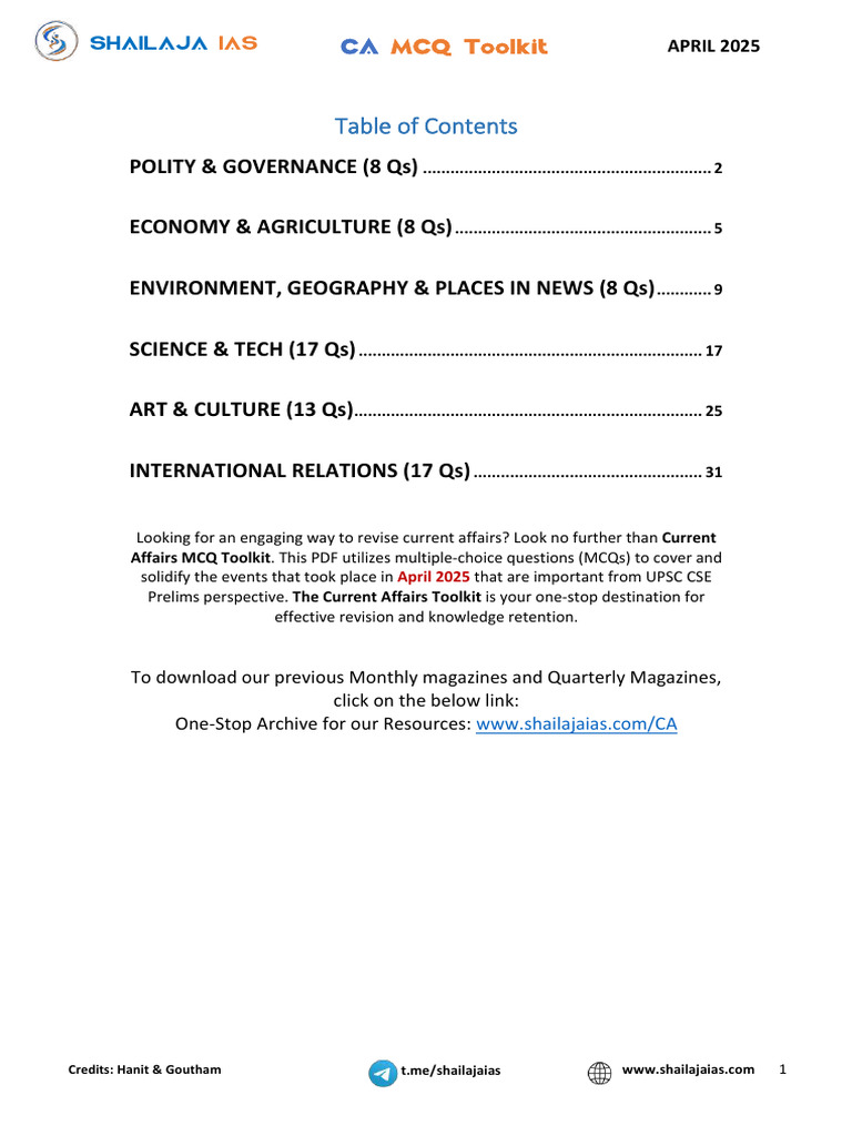 April 2025 Current Affairs MCQ Toolkit | PDF | Eutrophication