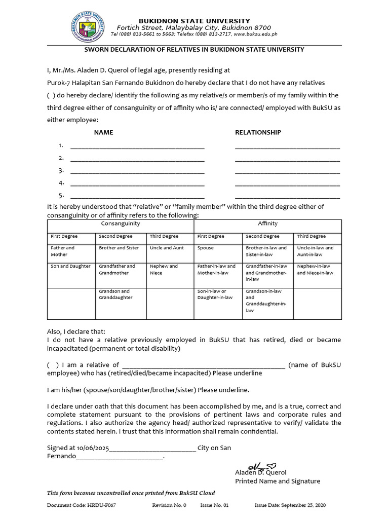 BukSU Relative Declaration Form | PDF | Kinship And Descent | Social ...