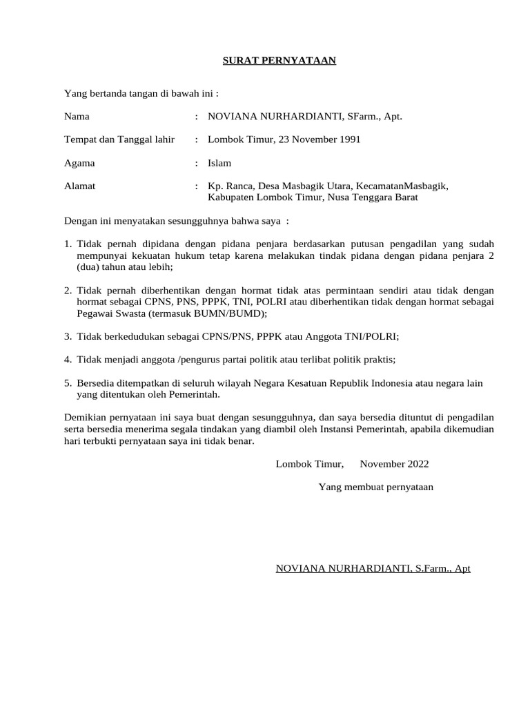 Surat Pernyataan Noviana Nurhardiantanti | PDF