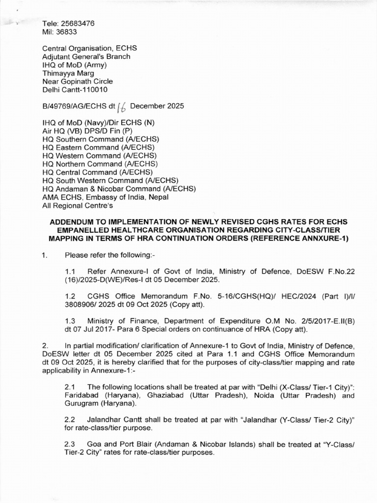ECHS Revised CGHS Rates and City Mapping | PDF | Government Of India