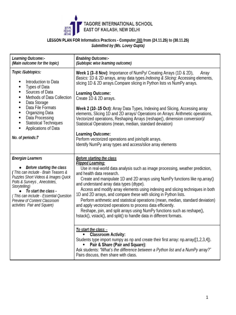 Informatics Practices Lesson Plan: NumPy | PDF