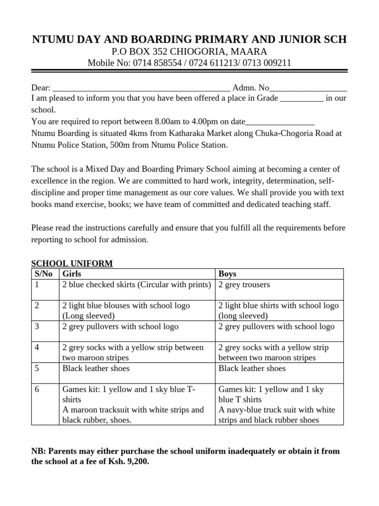 Ntumu Primary School Admission Letter | PDF | Clothing | Fashion