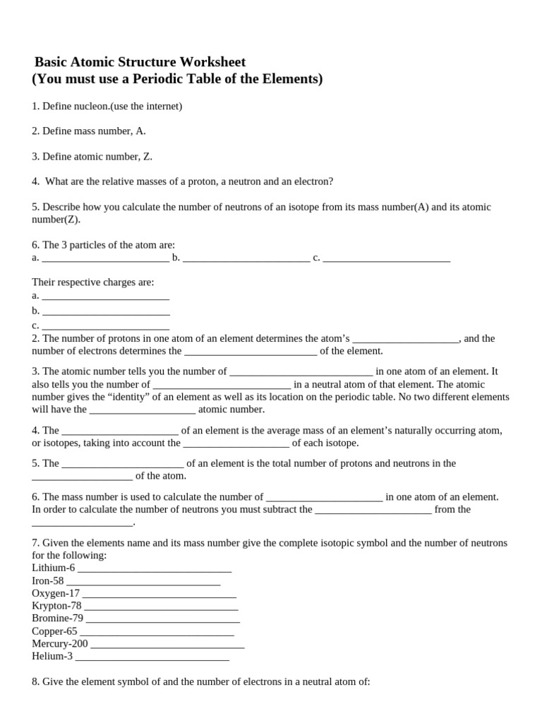 Atomic Structure Worksheet Guide | PDF | Atoms | Chemical Elements