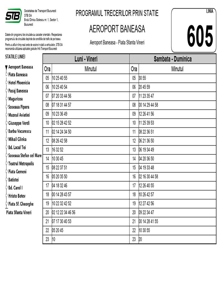 Aeroport Baneasa Line 605 Schedule | PDF