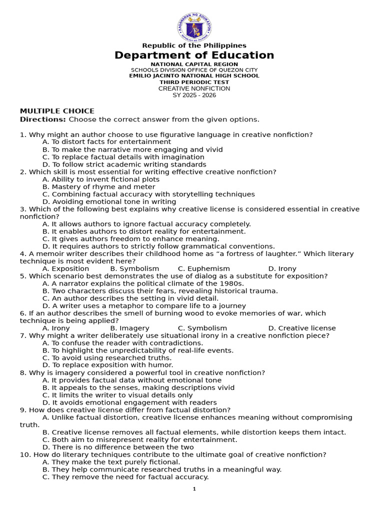 Creative Nonfiction Test Questions | PDF | Narrative | Creative Nonfiction
