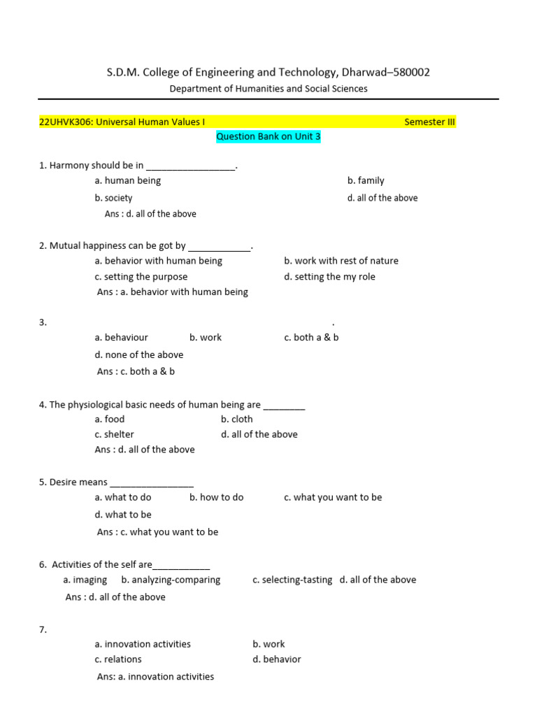Universal Human Values I Question Bank | PDF | Cognition | Psychology