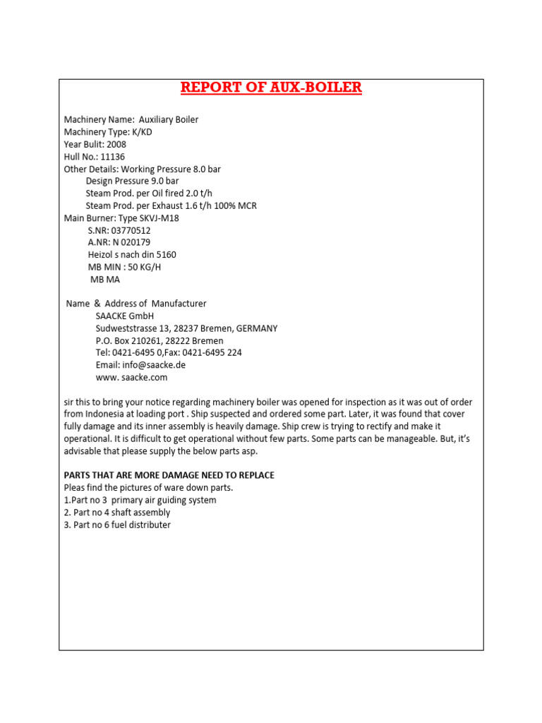 Auxiliary Boiler Inspection Report | PDF
