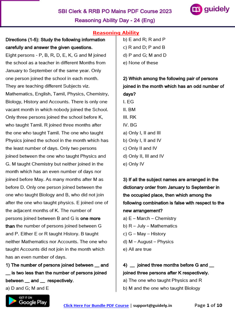 SBI Clerk & RRB PO Reasoning Course 2023 | PDF | Cost Of Living