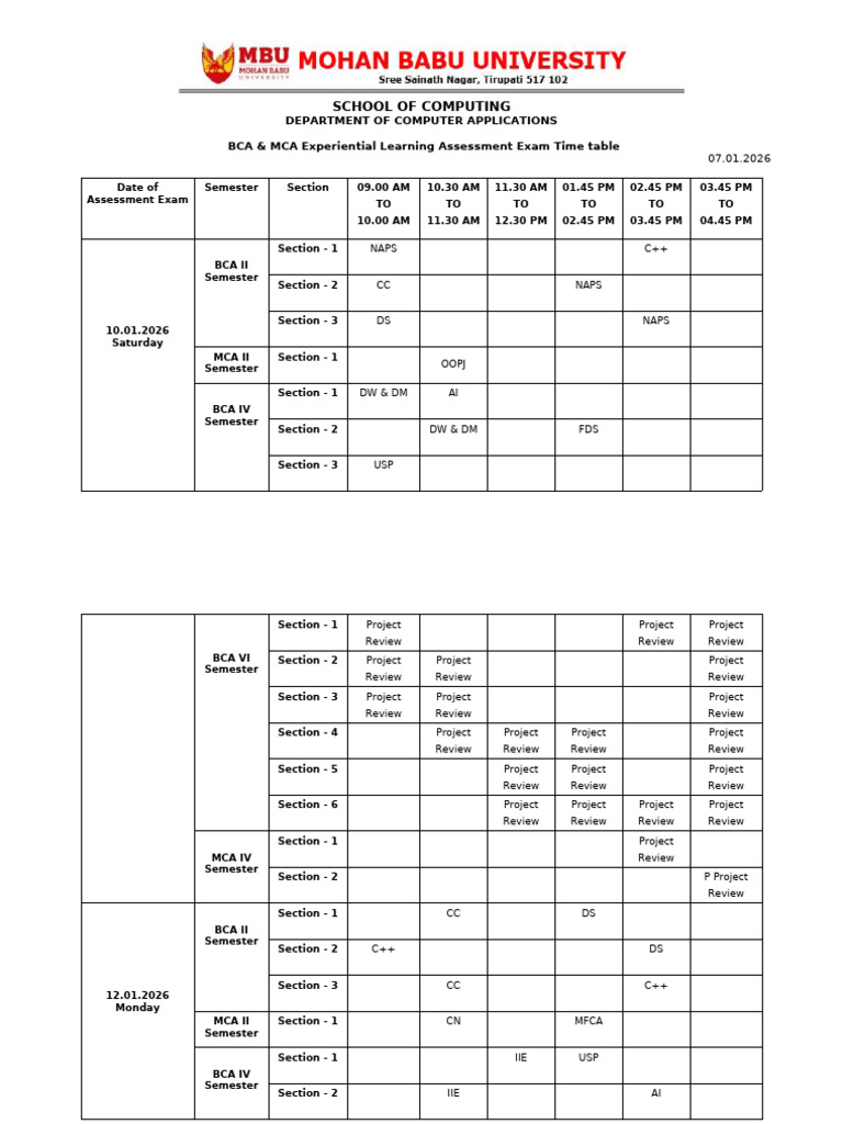 BCA & MCA Exam Timetable 2026 | PDF | Information Technology | Applied ...