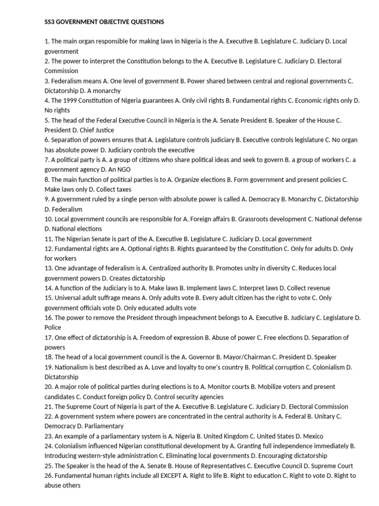 Ss3 Government Objective Questions | PDF | Elections | Presidents Of ...