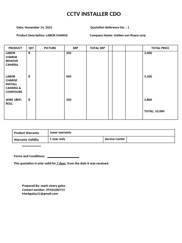 Cctv Quotation LABOR CHARGE | PDF
