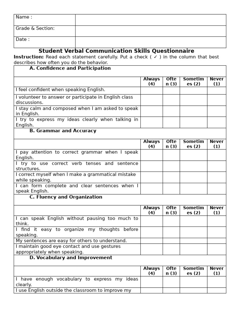 Student Verbal Communication Skills Survey | PDF
