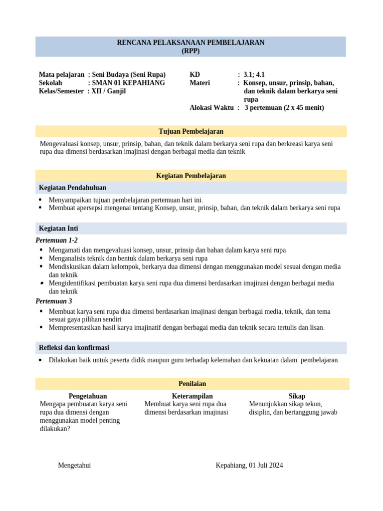 RPP Seni Rupa Kelas XII SMAN 01 | PDF