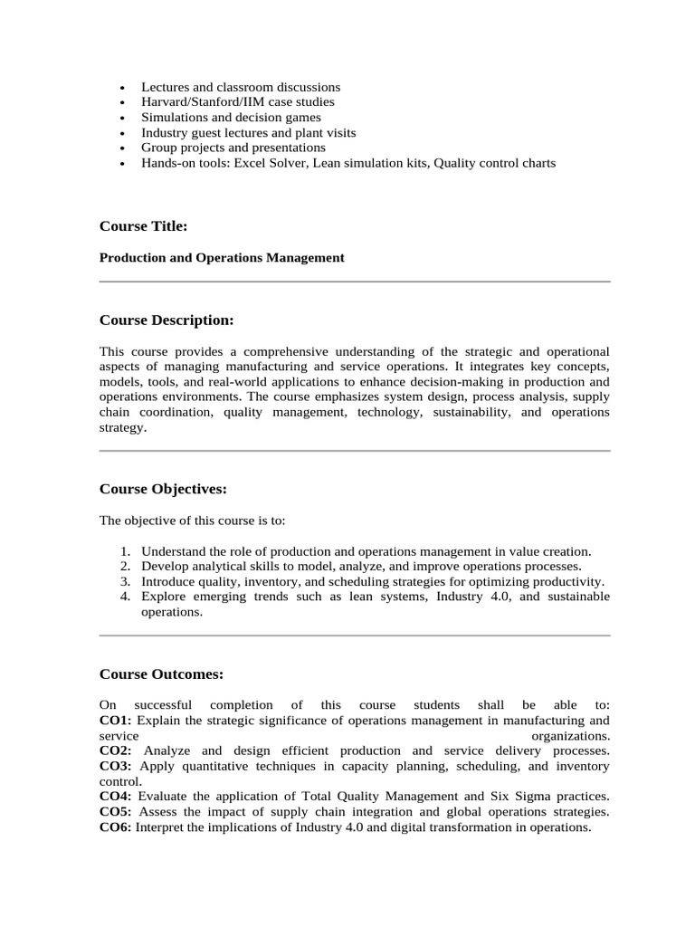 Production and Operations Management Course | PDF | Operations ...