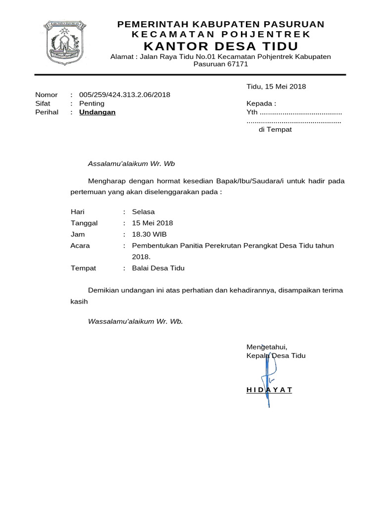 Undangan Pembentukan Panitia Desa Tidu | PDF