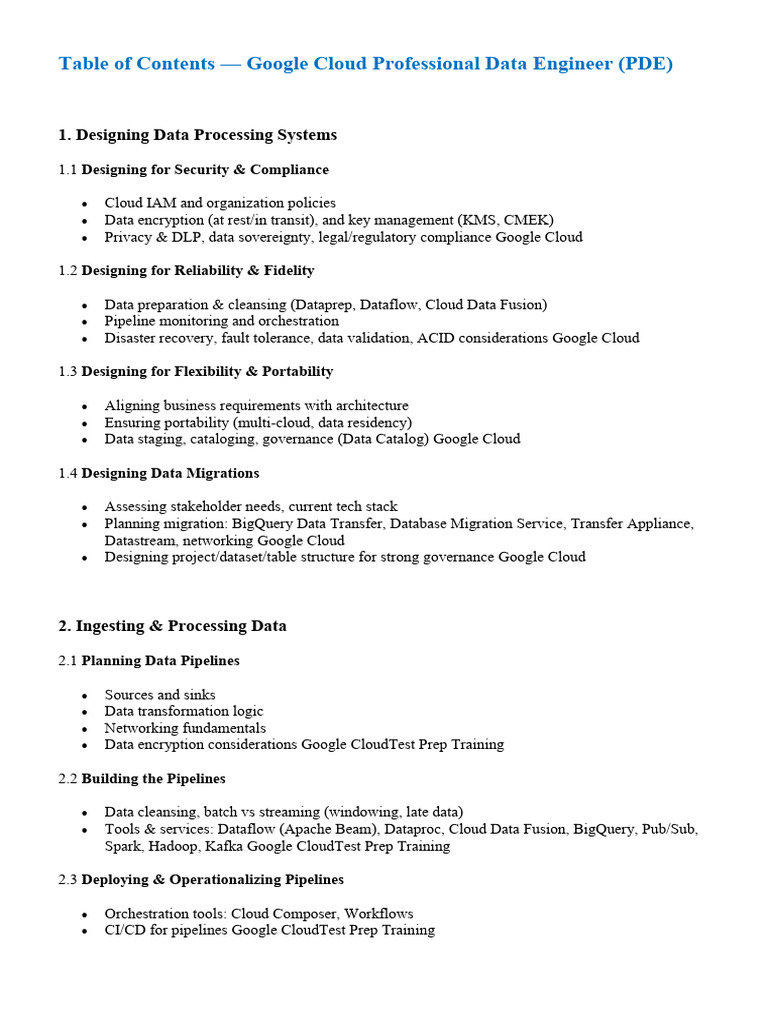 Google Cloud Professional Data Enginner (PDE)-ToC (1) | PDF | Cloud ...