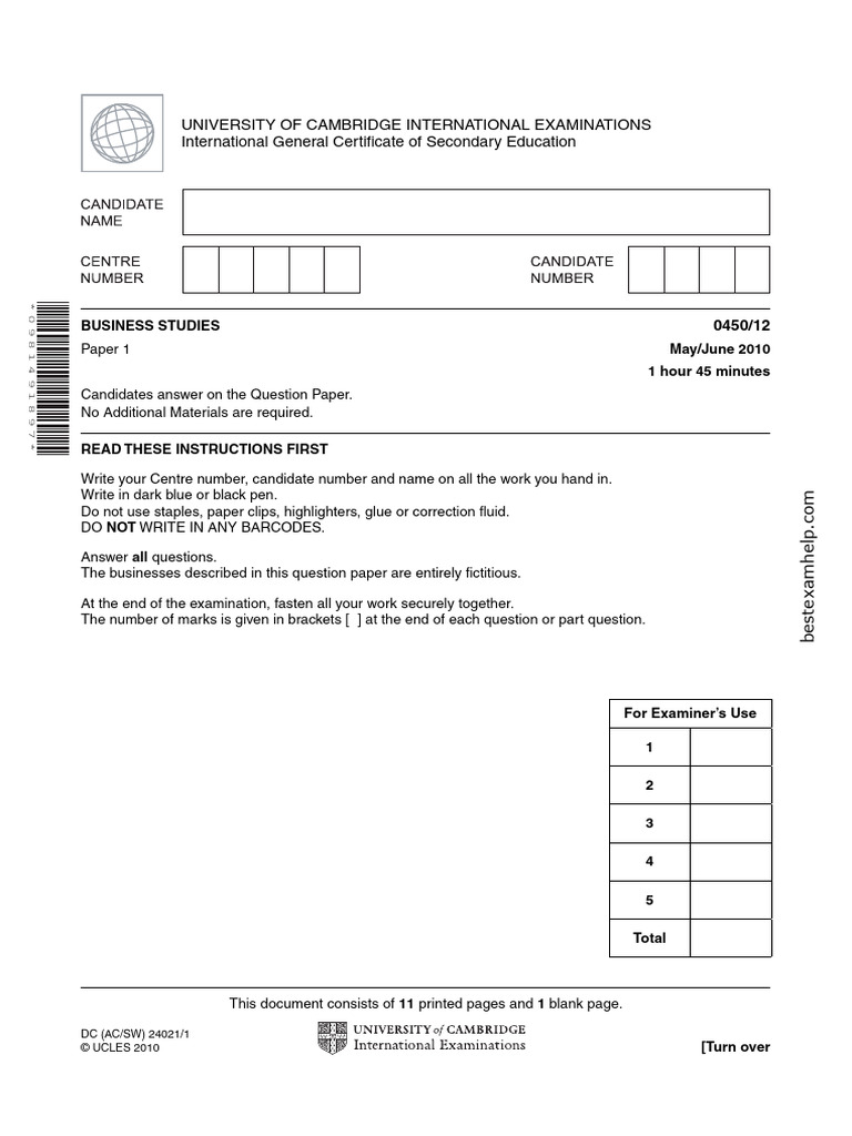 IGCSE Business Studies Exam Paper 2010 | PDF | Economics | Business ...