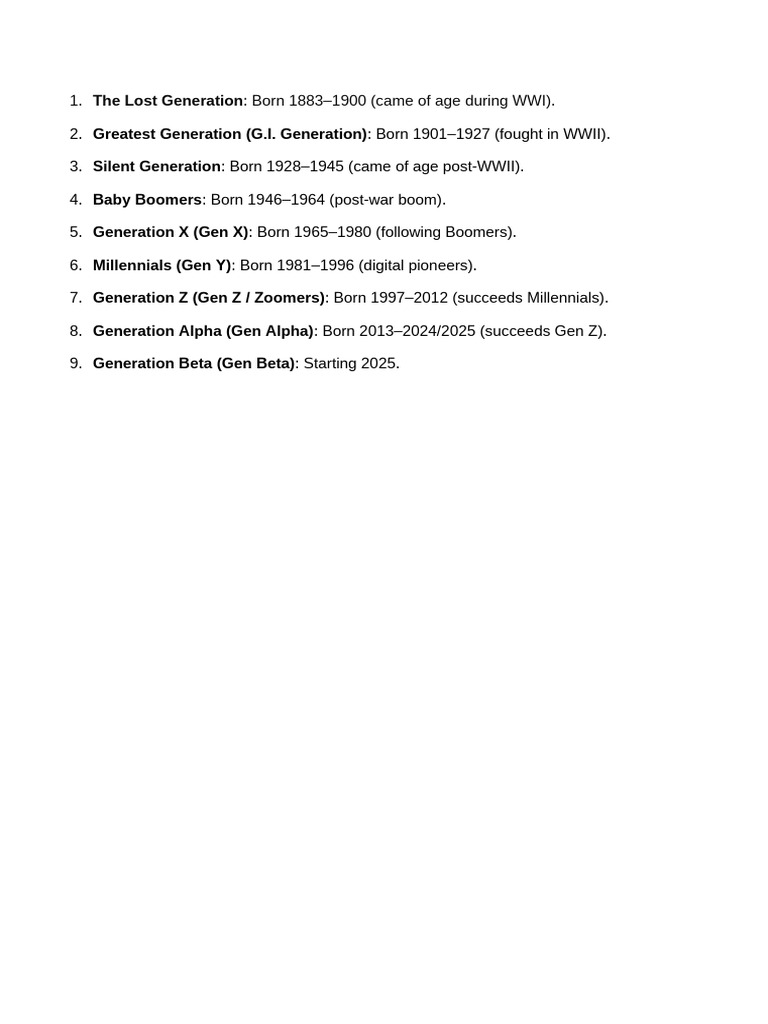 Generational Definitions and Birth Years | PDF