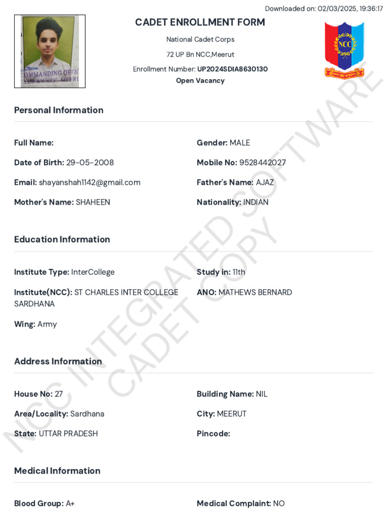 NCC Cadet Enrollment Form 2024 | PDF | Military Education And Training ...