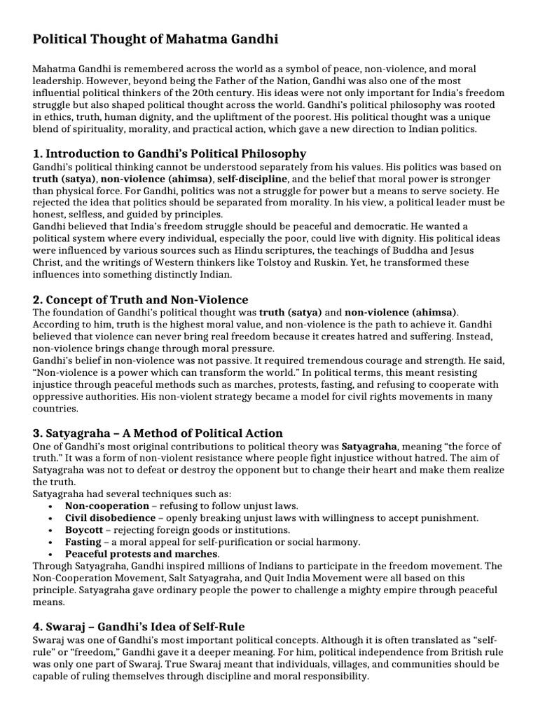 Gandhi's Political Philosophy Explained | PDF | Nonviolence | Mahatma ...
