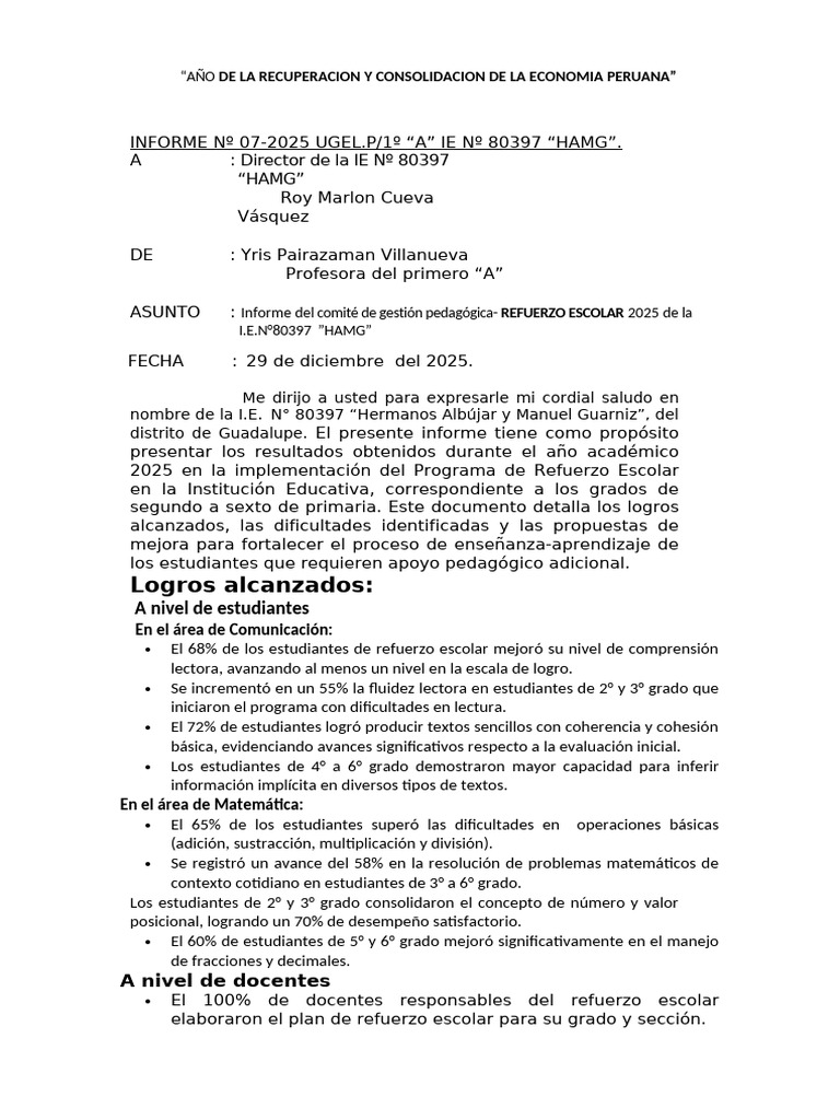 Informe de Refuerzo Escolar 2025 en Perú | PDF | Enseñando | Evaluación