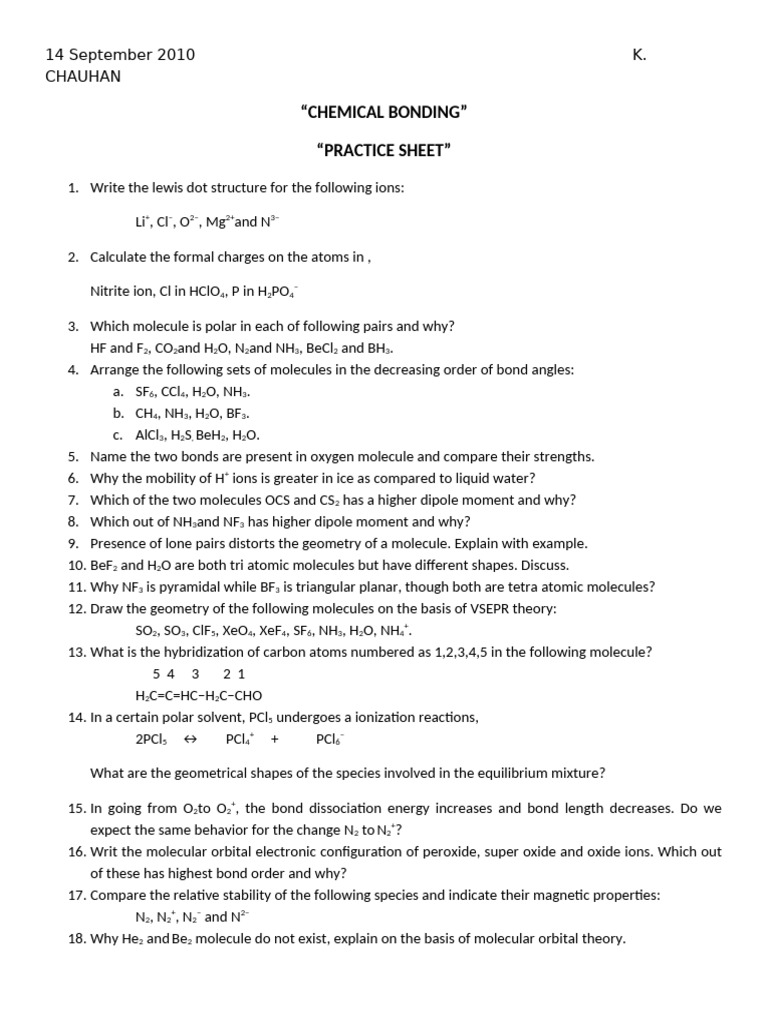 Chemical Bonding Practice Sheet | PDF
