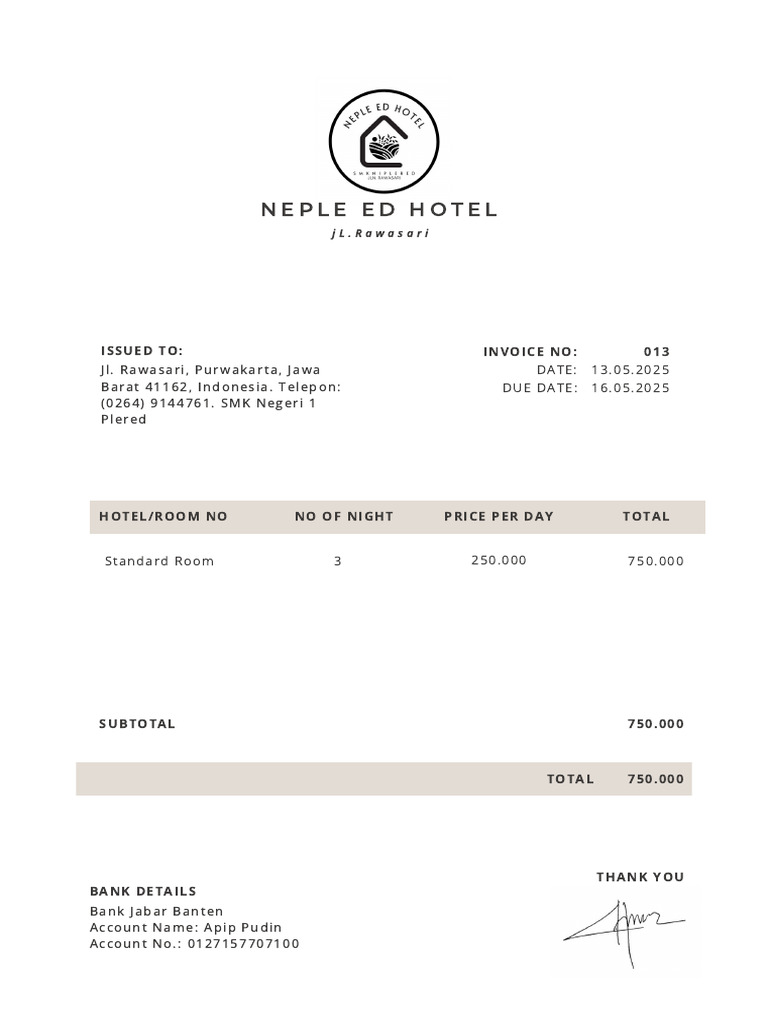 Hotel Invoice for Standard Room Stay | PDF