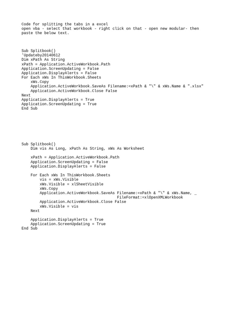 Code for Splitting the Tabs in a Excel Workbook | PDF
