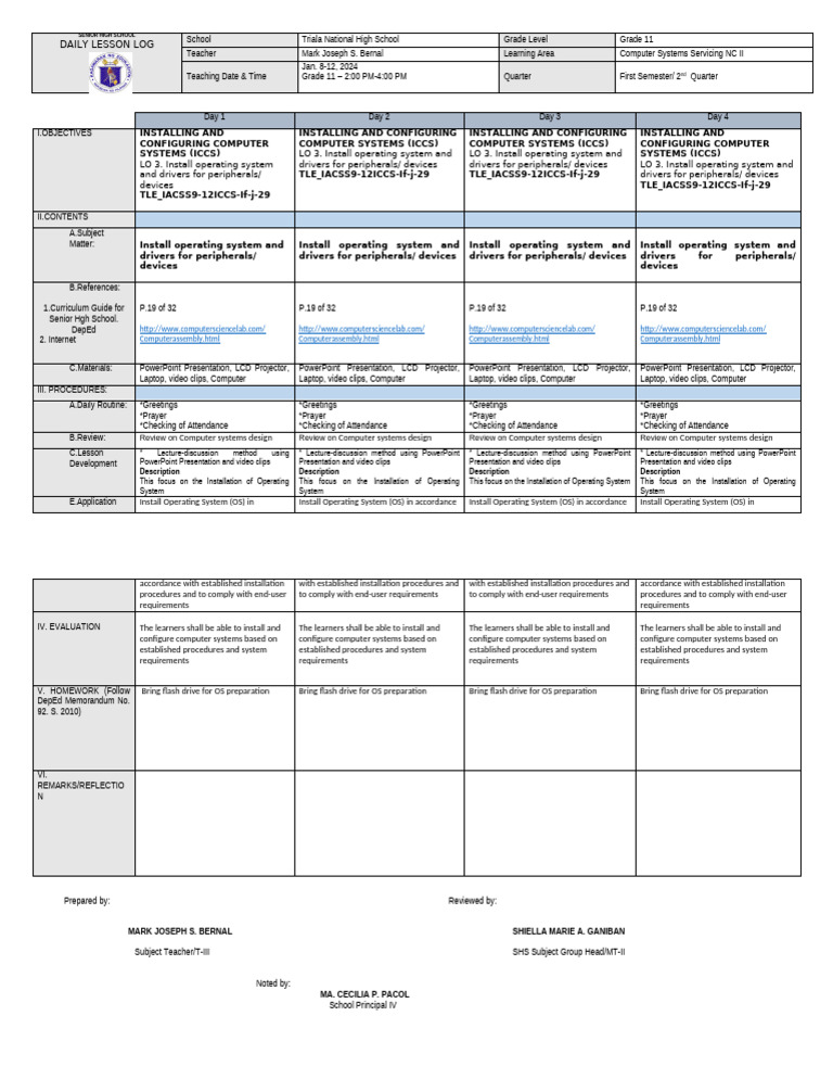 Grade 11 Computer Systems Lesson Plan | PDF | Computing
