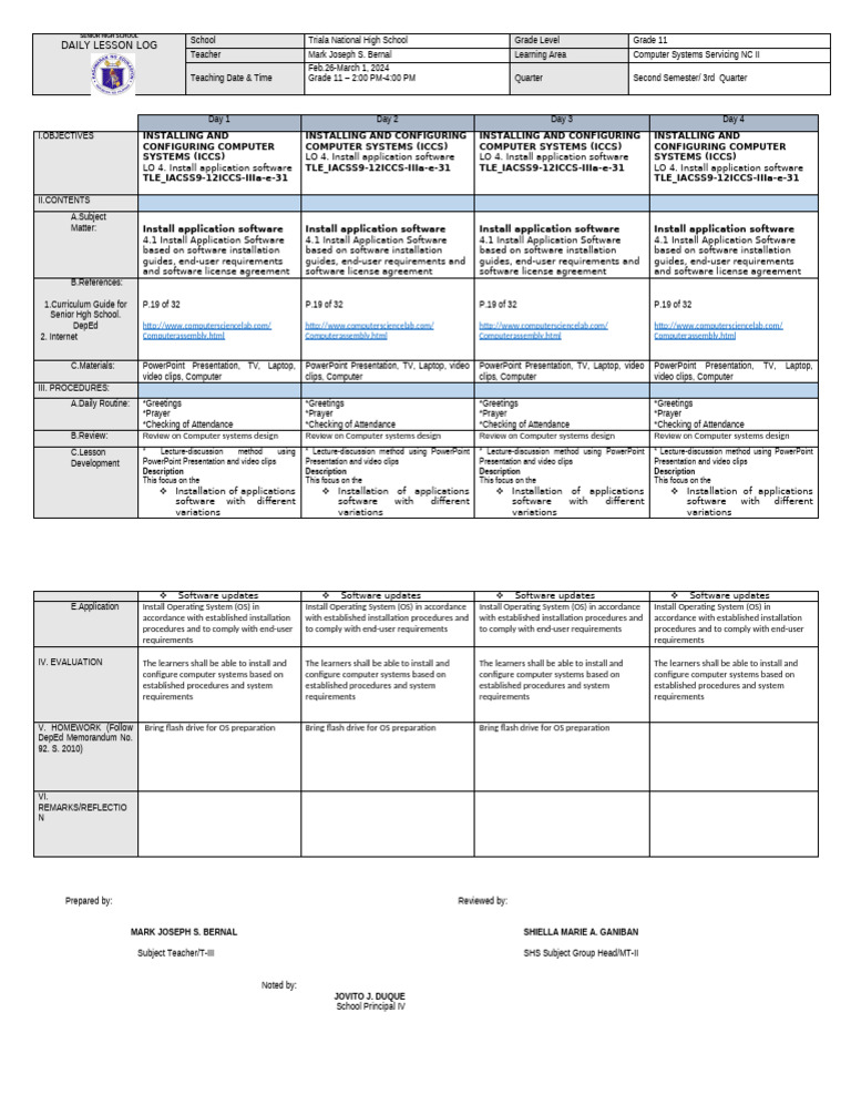Grade 11 Computer Systems Lesson Plan | PDF | Computing