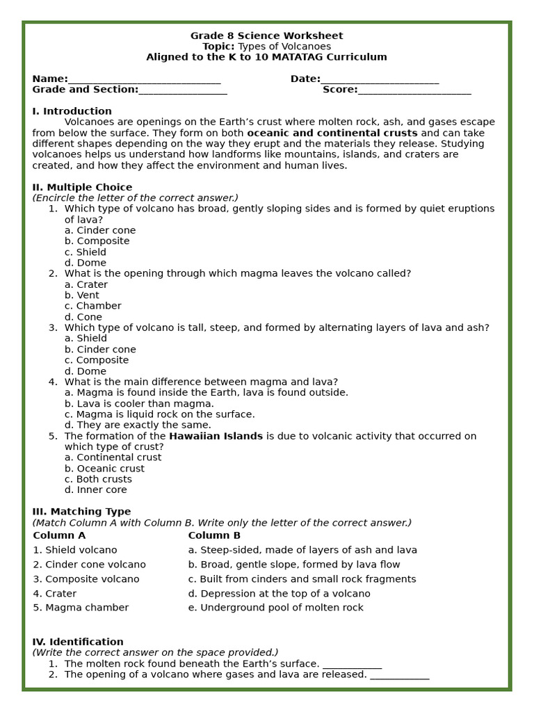 Types of Volcanoes Worksheet for Grade 8 | PDF | Volcano | Lava