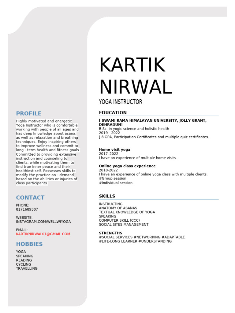 Yoga Instructor Profile: Kartik Nirwal | PDF
