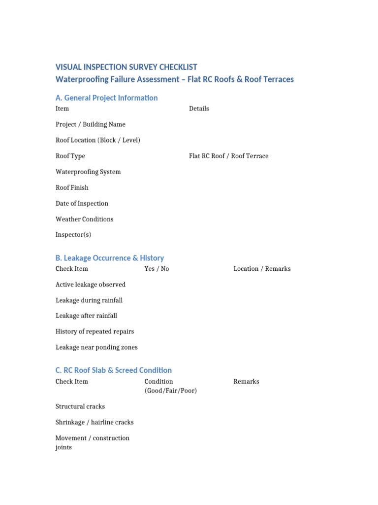Flat Roof Waterproofing Inspection Checklist | PDF