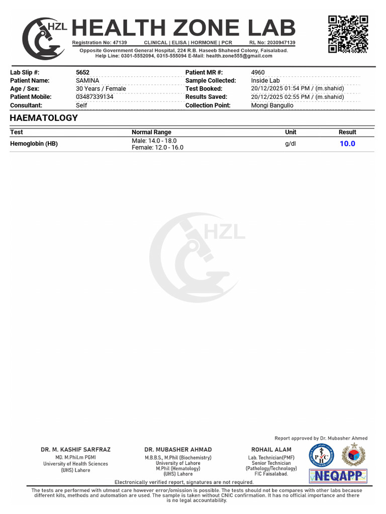 Lab Report for Patient Samina | PDF